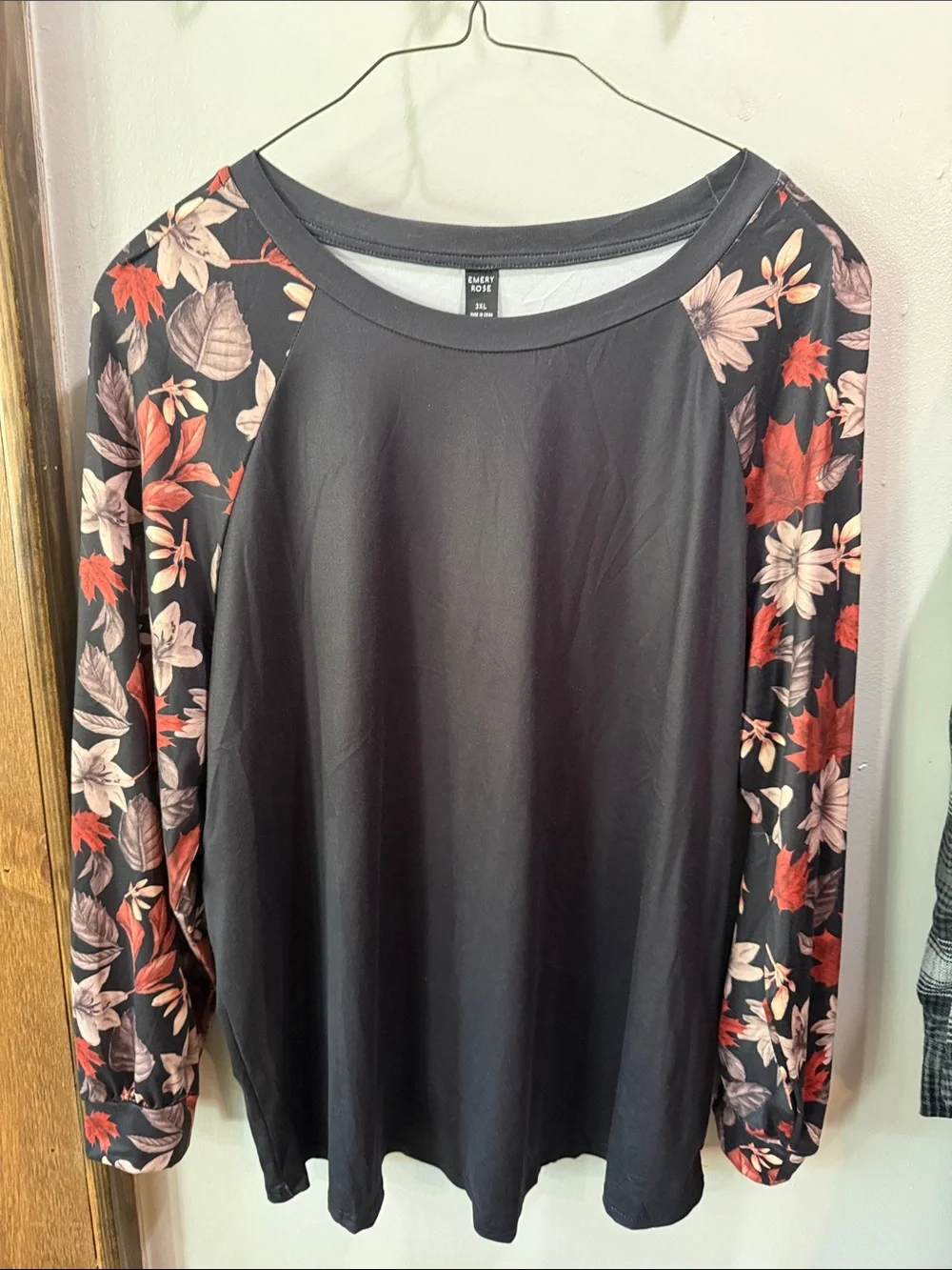 Black Raglan Top with Floral Long Sleeves - Picture 1 of 3